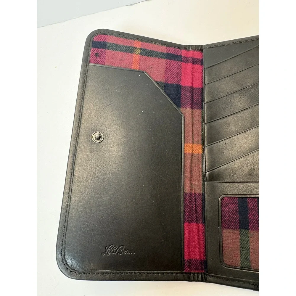 Vintage LL Bean Black Leather Trifold‎ Checkbook Wallet Plaid Lining Mens Womens